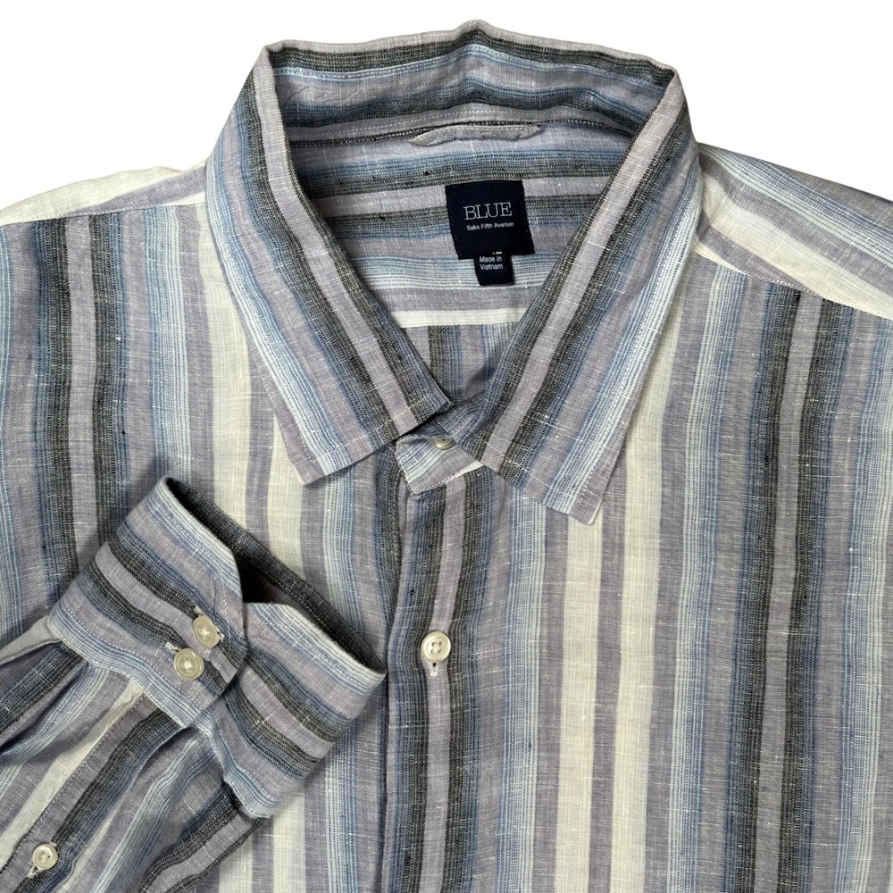 Blue Saks Fifth Avenue Linen Shirt Mens XXL Striped Button Down Classic Preppy